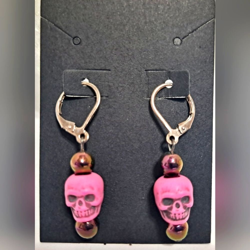 Pink Skull Drop Beaded Earrings Handcrafted Fall Halloween Party